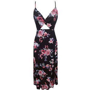 Summer V Neck Tie Backless Black Floral Print